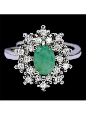 Stunning Natural Emerald with zircon halo in 925 Sterling Silver Ring Size 5.75
